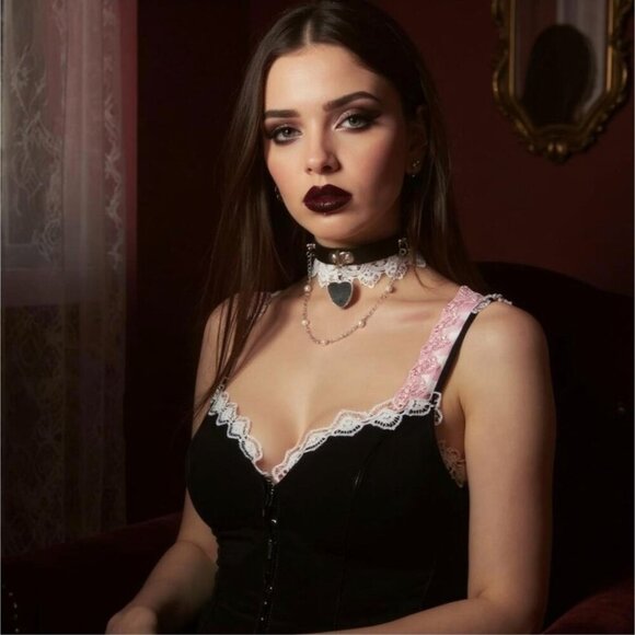 Widow ✦ Lace Choker Onyx Heart ✦ Vegan Leather Pearl Chain Gothic Necklace NWT - Picture 1 of 5